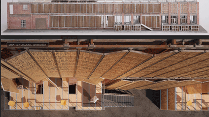 Ariel view and side plan of a public building in bricks and natural materials