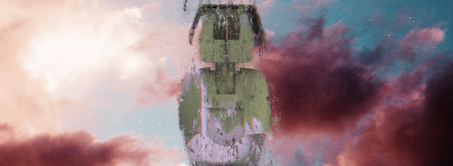 A digital work of a large cartoon figure against pink and red clouds