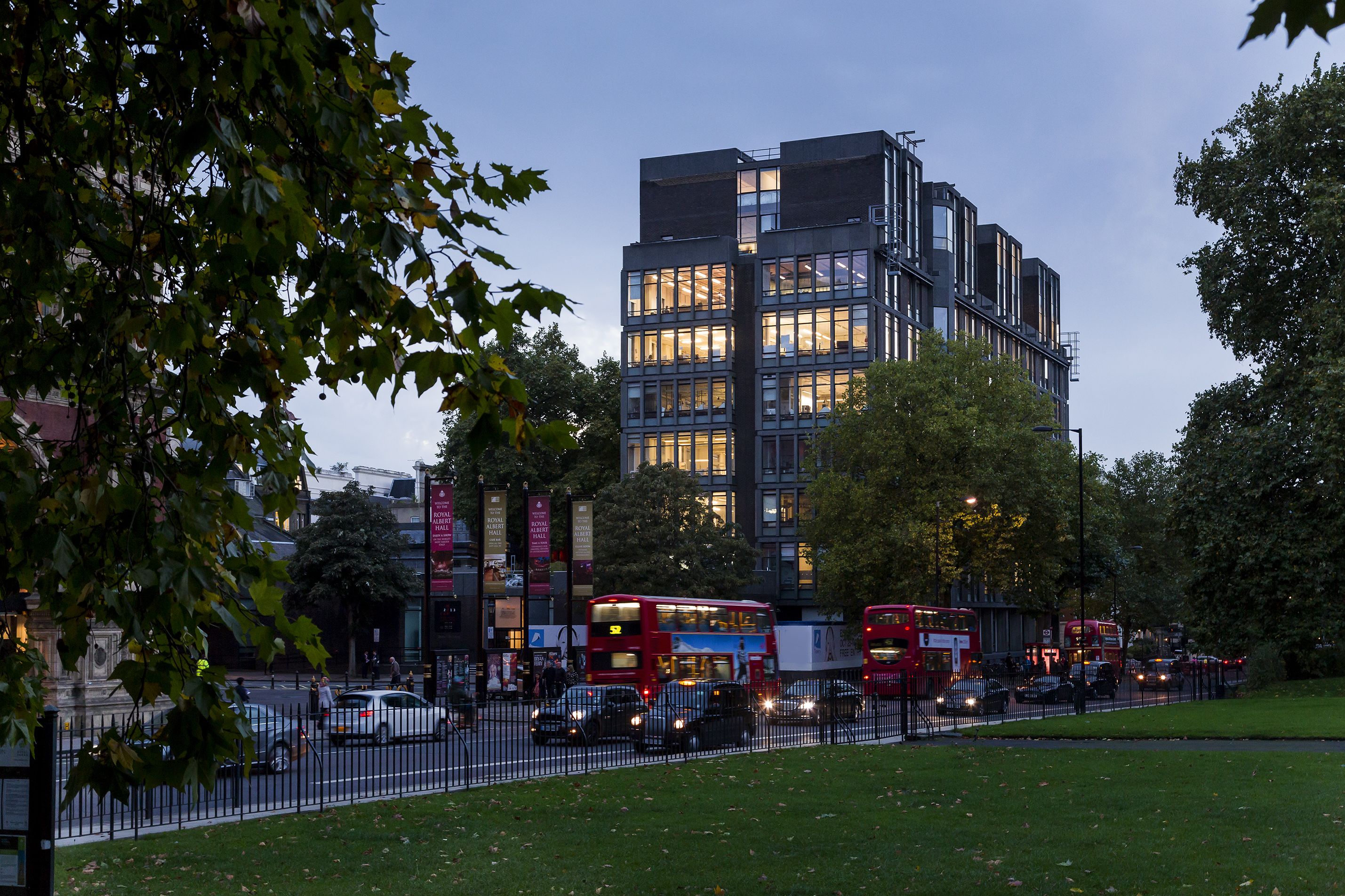 The RCA's Darwin Building viewed from Hyde Park at dusk