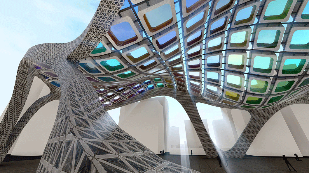 Alt text: A futuristic architectural structure with a sweeping, curved design and an intricate lattice framework. 