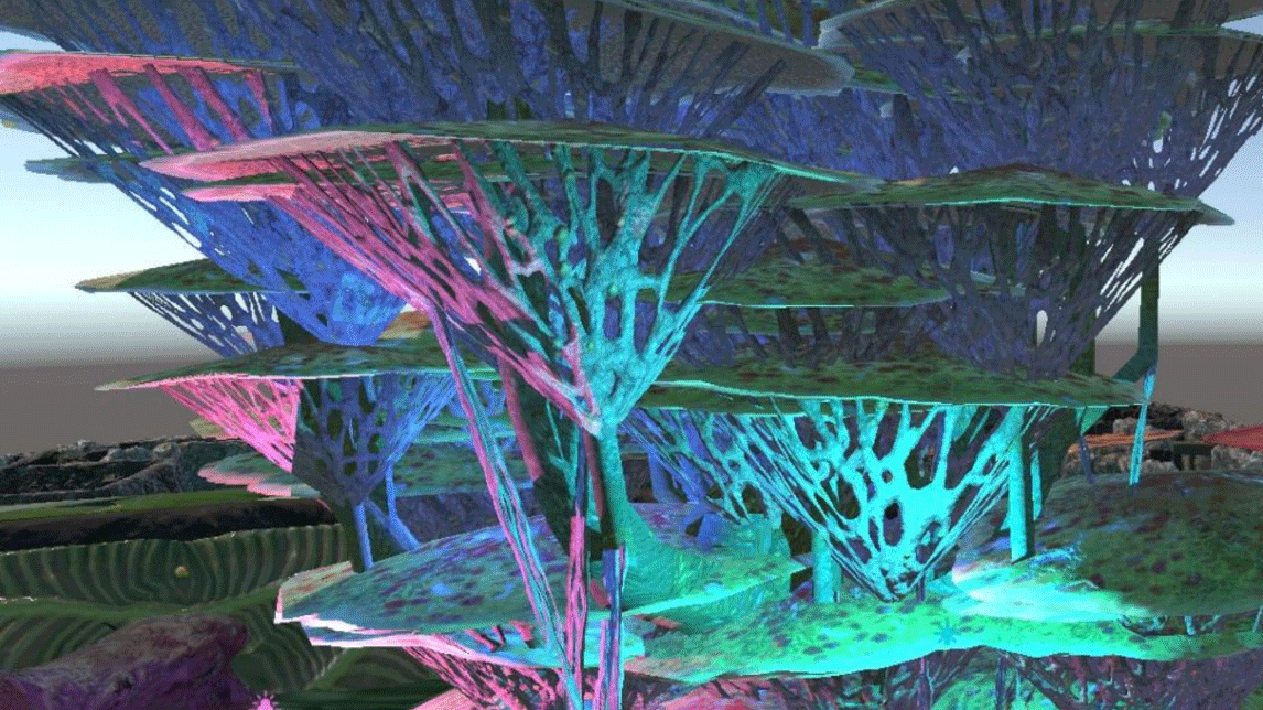 A surreal, bioluminescent landscape featuring towering, tree-like structures with wide, flat, mushroom-like platforms.