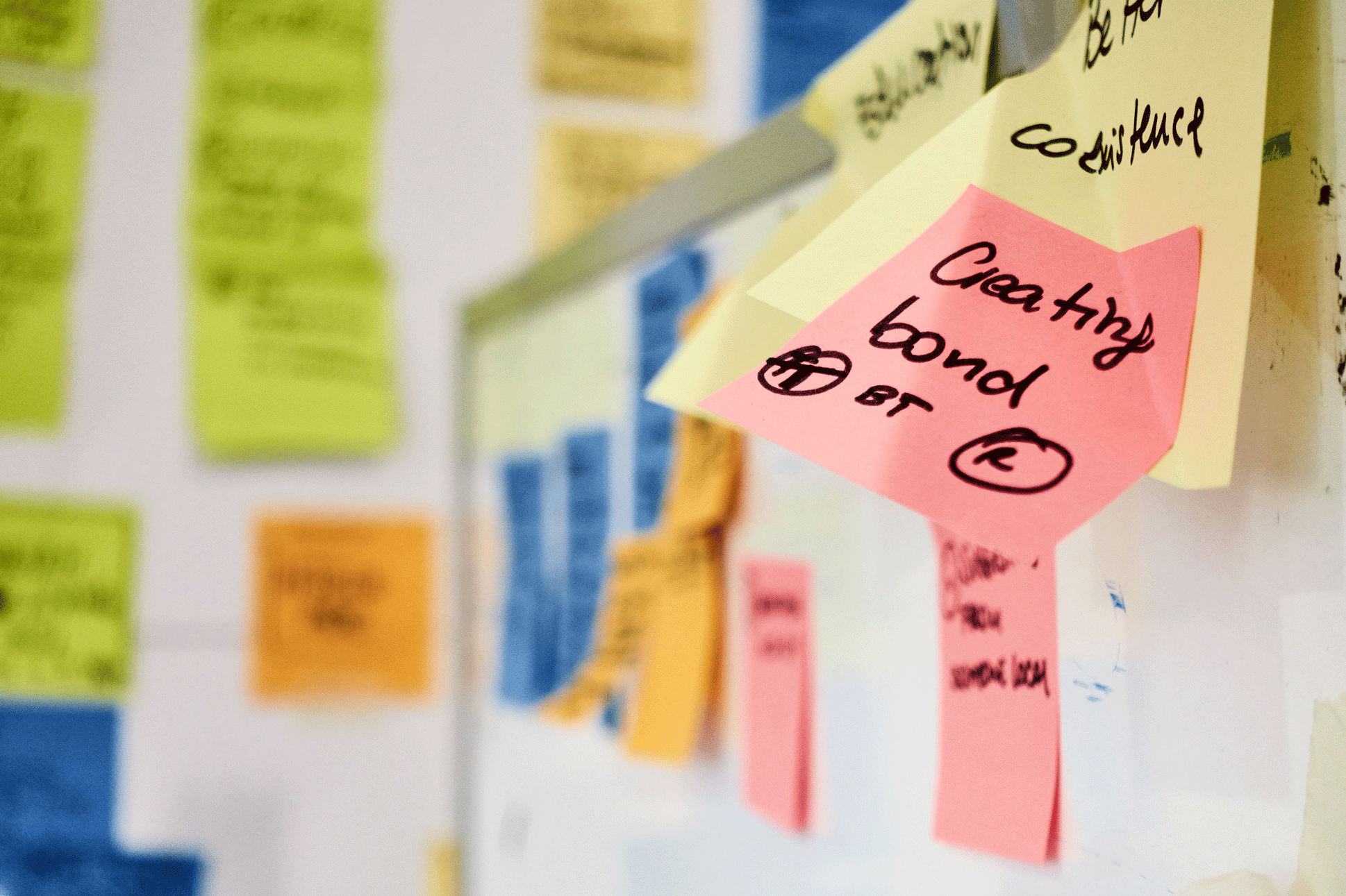 Close up of several post it notes on a white board